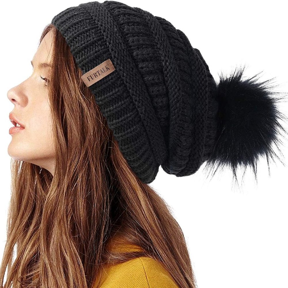 Black Slouchy Beanie w/black pom